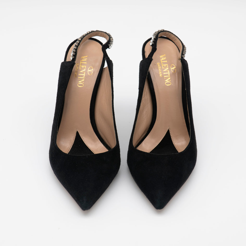 Valentino Garavani Suede Crystal Embellished Slingback Pumps Size 36