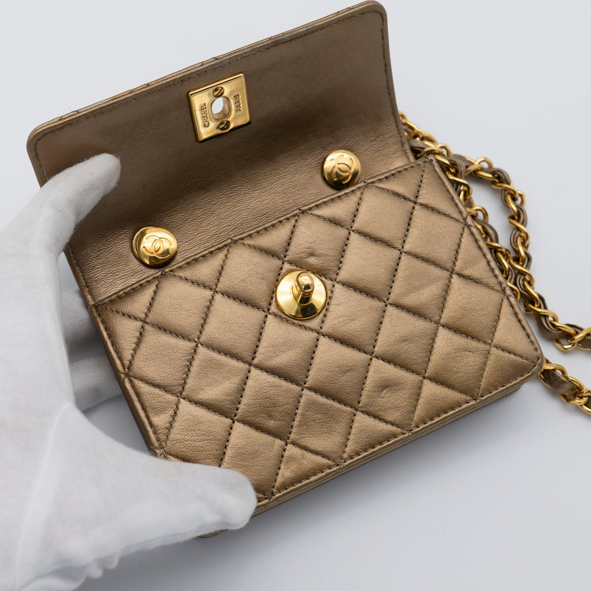CHANEL Vintage Metallic Gold Extra-Mini Half Flap Bag Lambskin 24K GHW