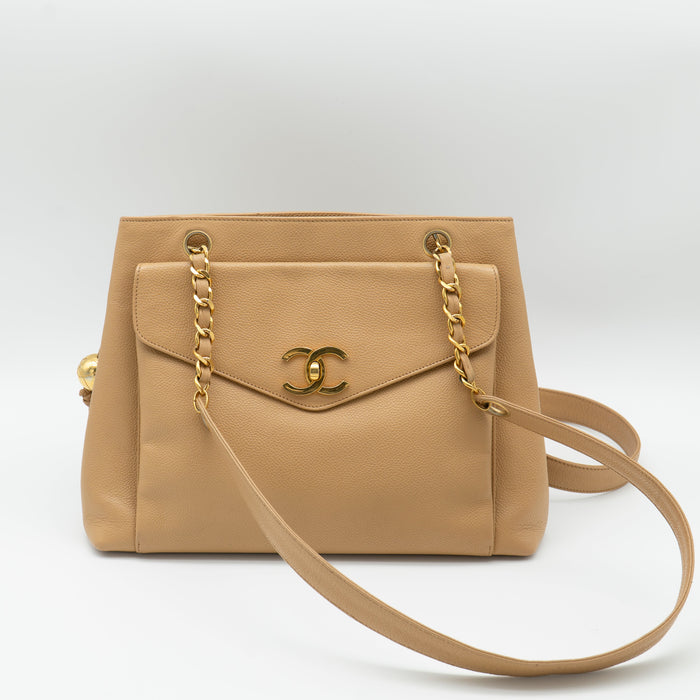 CHANEL Vintage Beige Caviar 24K Gold-Plated CC Turnlock Shoulder Bag