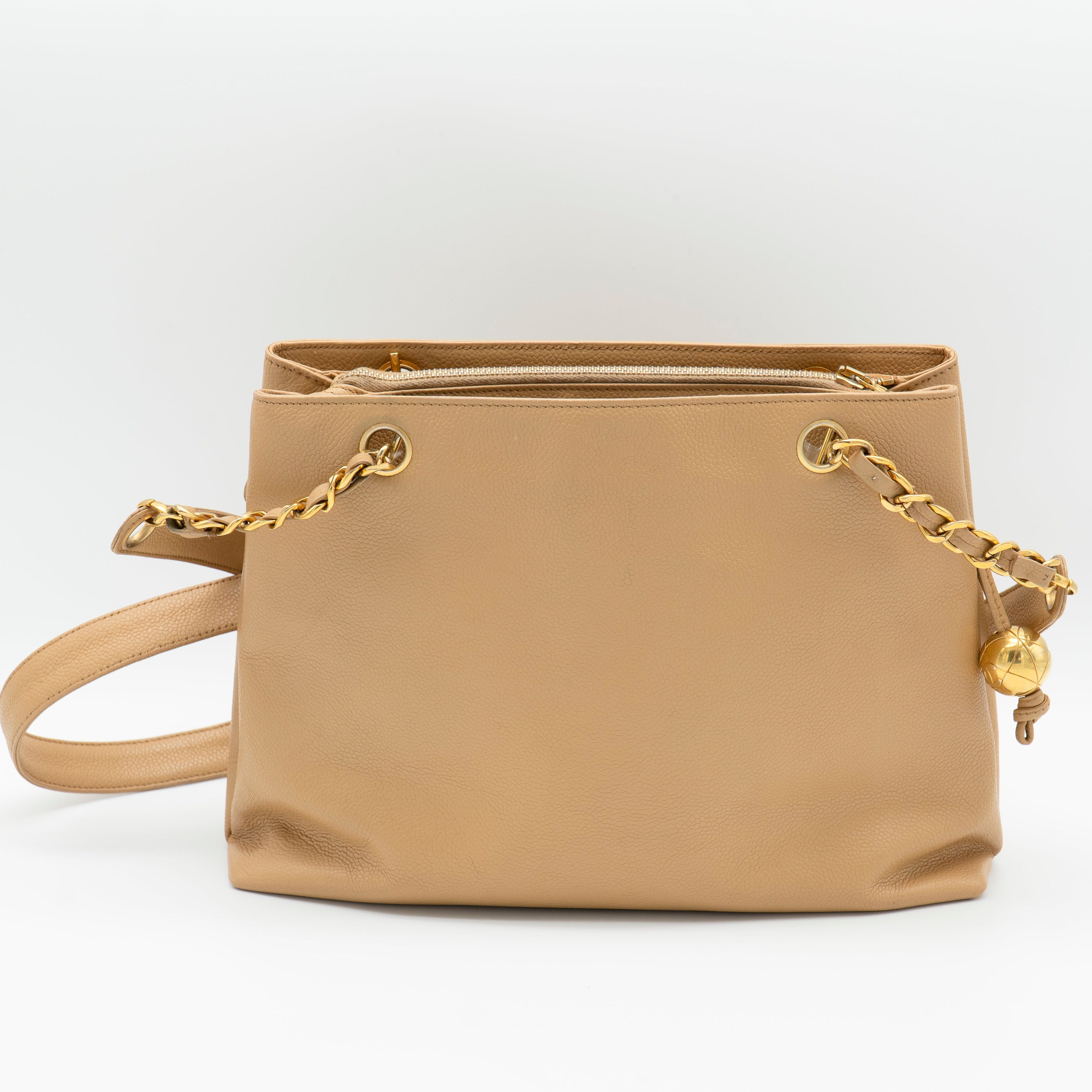 CHANEL Vintage Beige Caviar 24K Gold-Plated CC Turnlock Shoulder Bag