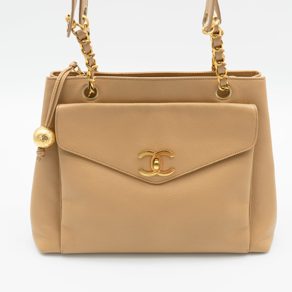 CHANEL Vintage Beige Caviar 24K Gold-Plated CC Turnlock Shoulder Bag