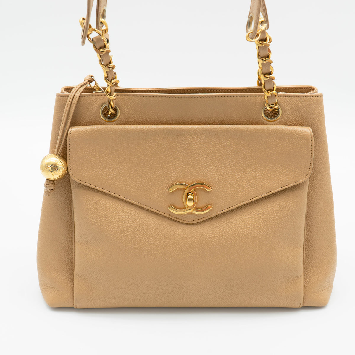CHANEL Vintage Beige Caviar 24K Gold-Plated CC Turnlock Shoulder Bag