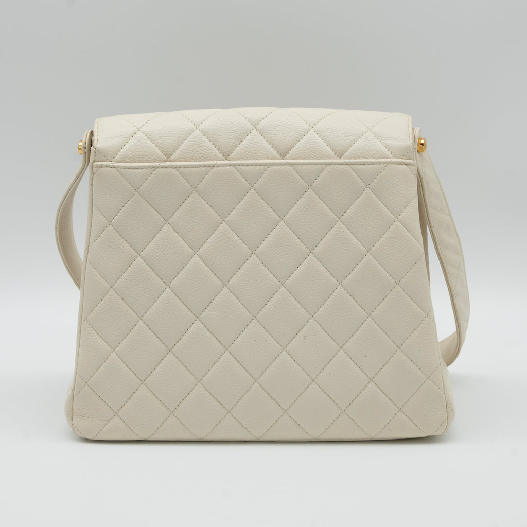 CHANEL Vintage Ivory Quilted Caviar CC Turn Lock Flap Bag 24K GHW