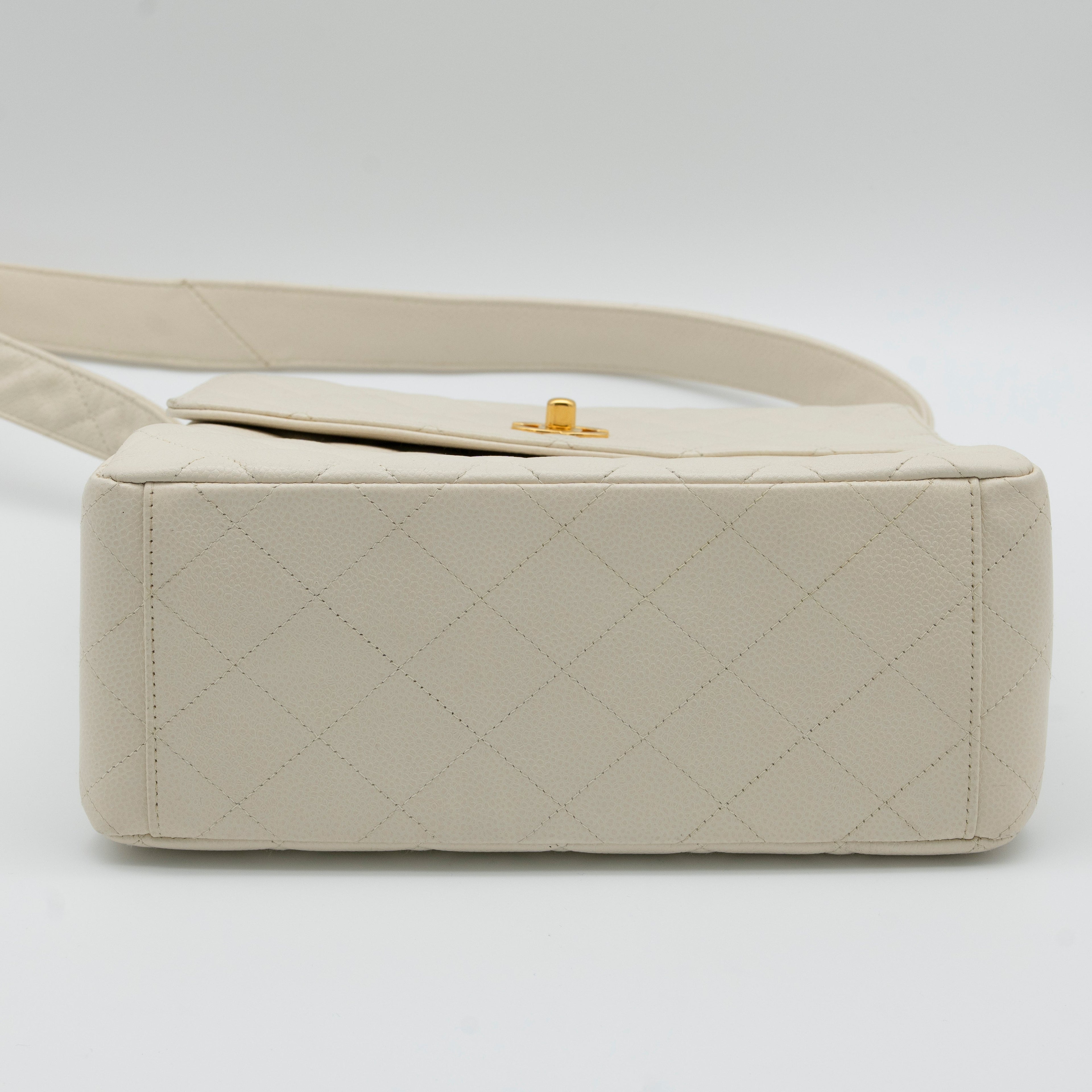 CHANEL Vintage Ivory Quilted Caviar CC Turn Lock Flap Bag 24K GHW