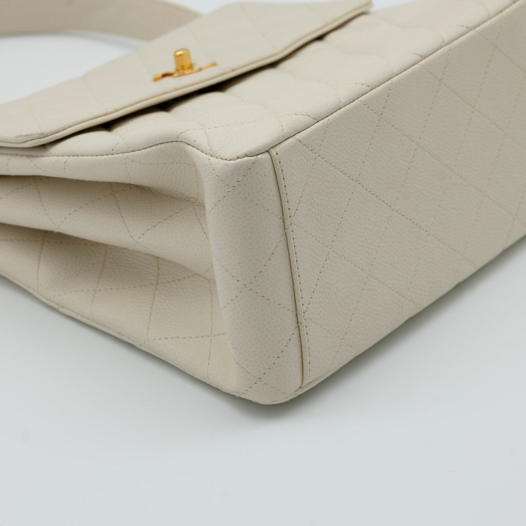 CHANEL Vintage Ivory Quilted Caviar CC Turn Lock Flap Bag 24K GHW