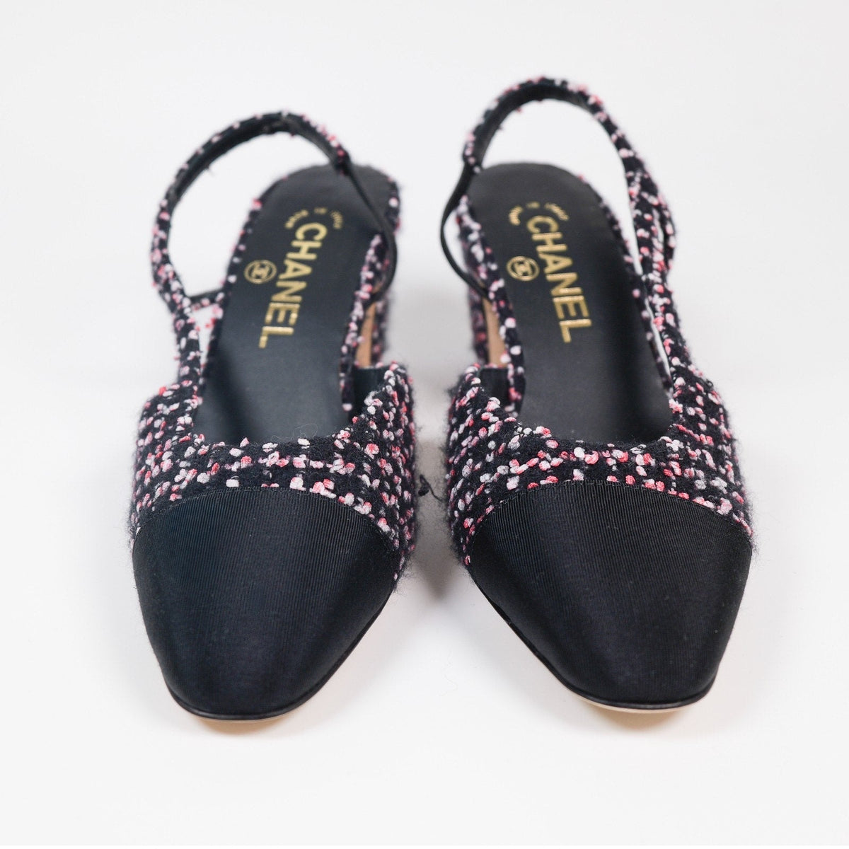 Chanel Pink/Black/White Tweed Grosgrain Cap Toe Slingback Pumps Size 36
