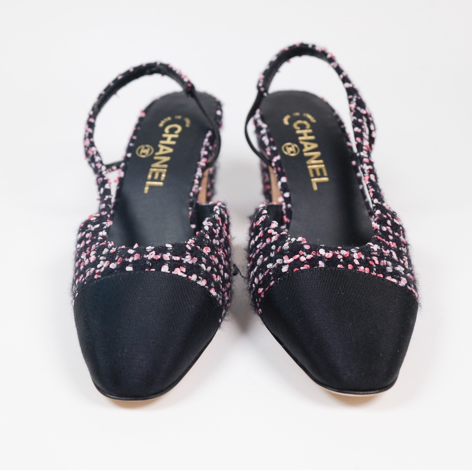 Chanel Pink/Black/White Tweed Grosgrain Cap Toe Slingback Pumps Size 36