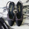 Chanel Pink/Black/White Tweed Grosgrain Cap Toe Slingback Pumps Size 36