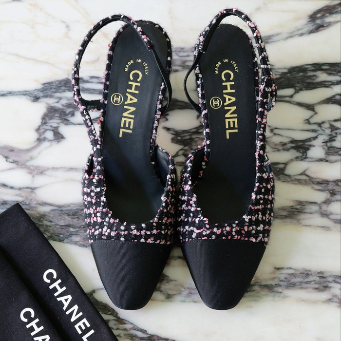 Chanel Pink/Black/White Tweed Grosgrain Cap Toe Slingback Pumps Size 36