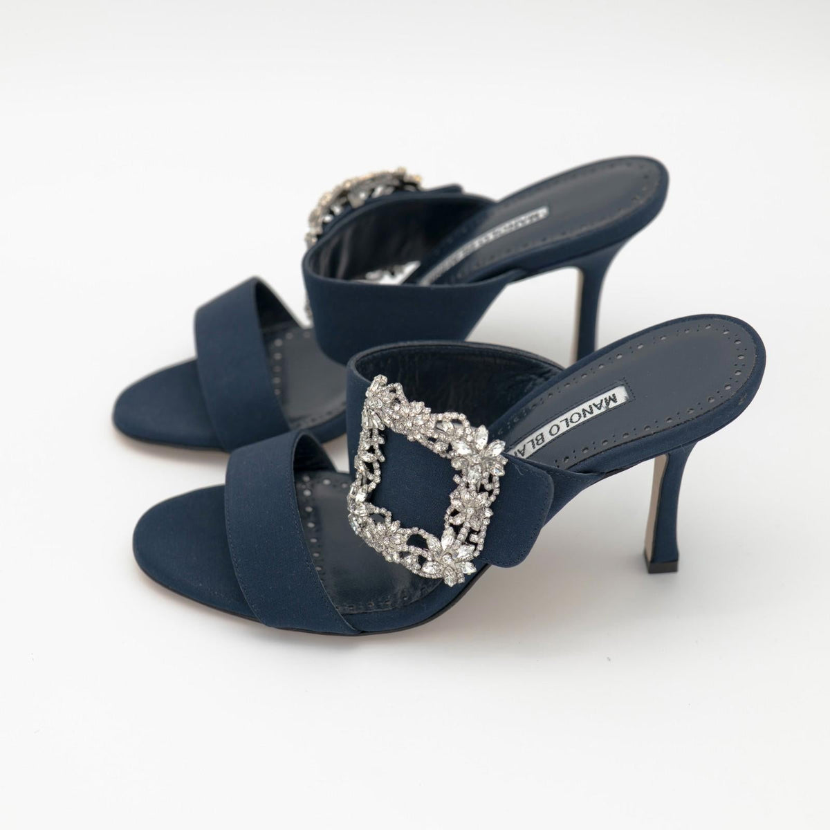 Manolo Blahnik Navy Gable 90 Jewel Buckle Mules Size 36