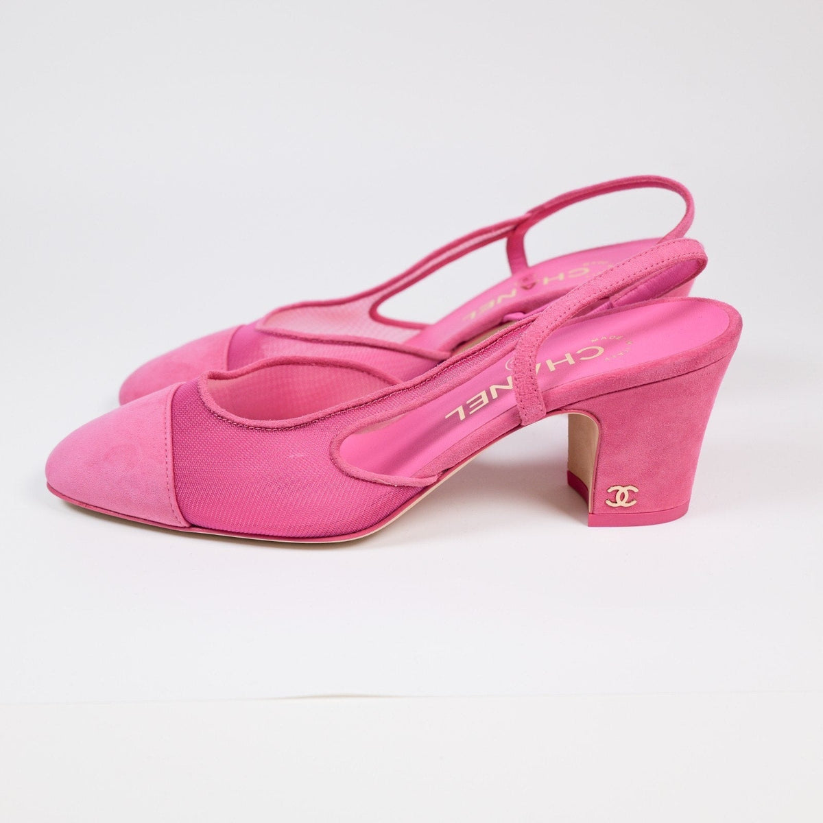 CHANEL Pink Mesh with Suede Cap Toe Slingback Pumps EU 36