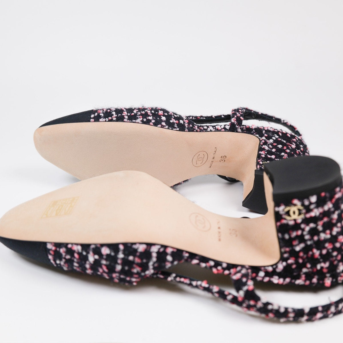 Chanel Pink/Black/White Tweed Grosgrain Cap Toe Slingback Pumps Size 36