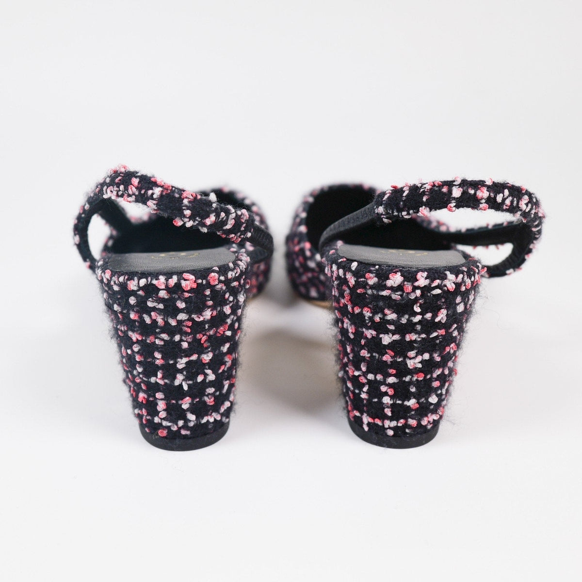 Chanel Pink/Black/White Tweed Grosgrain Cap Toe Slingback Pumps Size 36