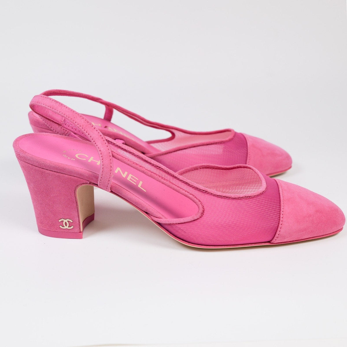 CHANEL Pink Mesh with Suede Cap Toe Slingback Pumps EU 36