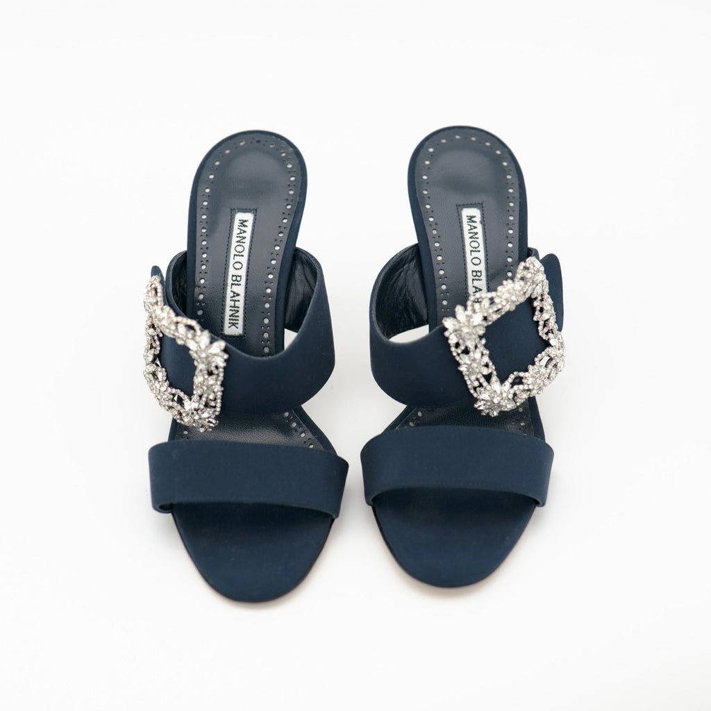 Manolo Blahnik Navy Gable 90 Jewel Buckle Mules Size 36