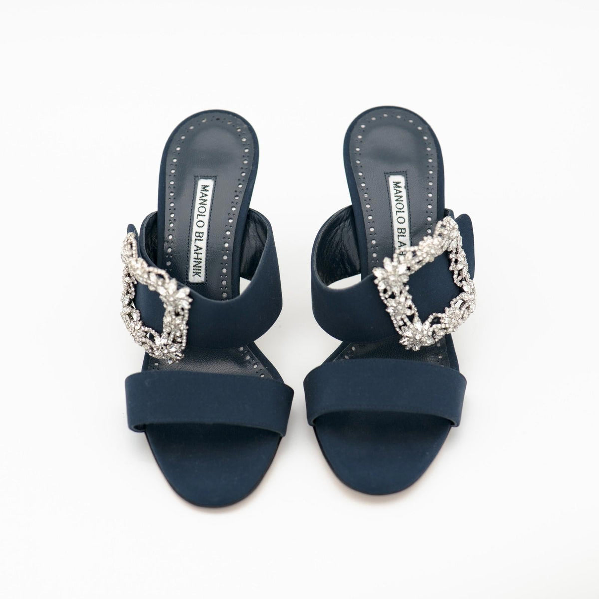 Manolo Blahnik Navy Gable 90 Jewel Buckle Mules Size 36