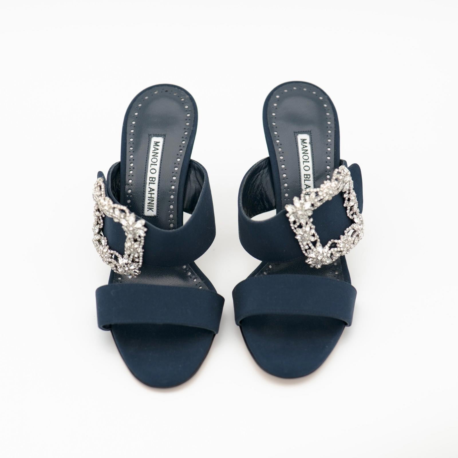 Manolo Blahnik Navy Gable 90 Jewel Buckle Mules Size 36