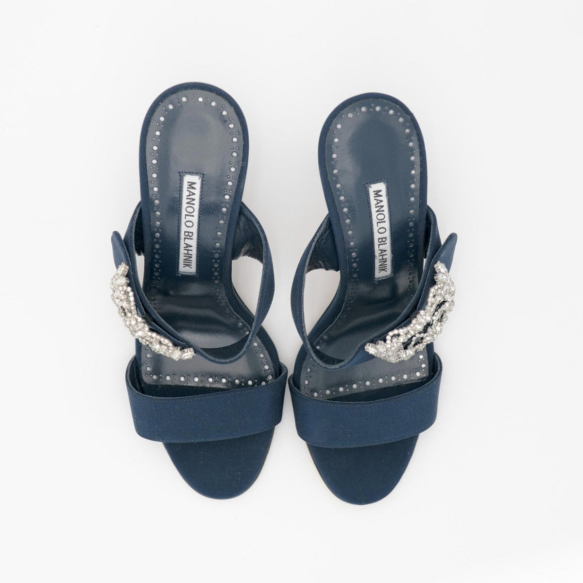 Manolo Blahnik Navy Gable 90 Jewel Buckle Mules Size 36