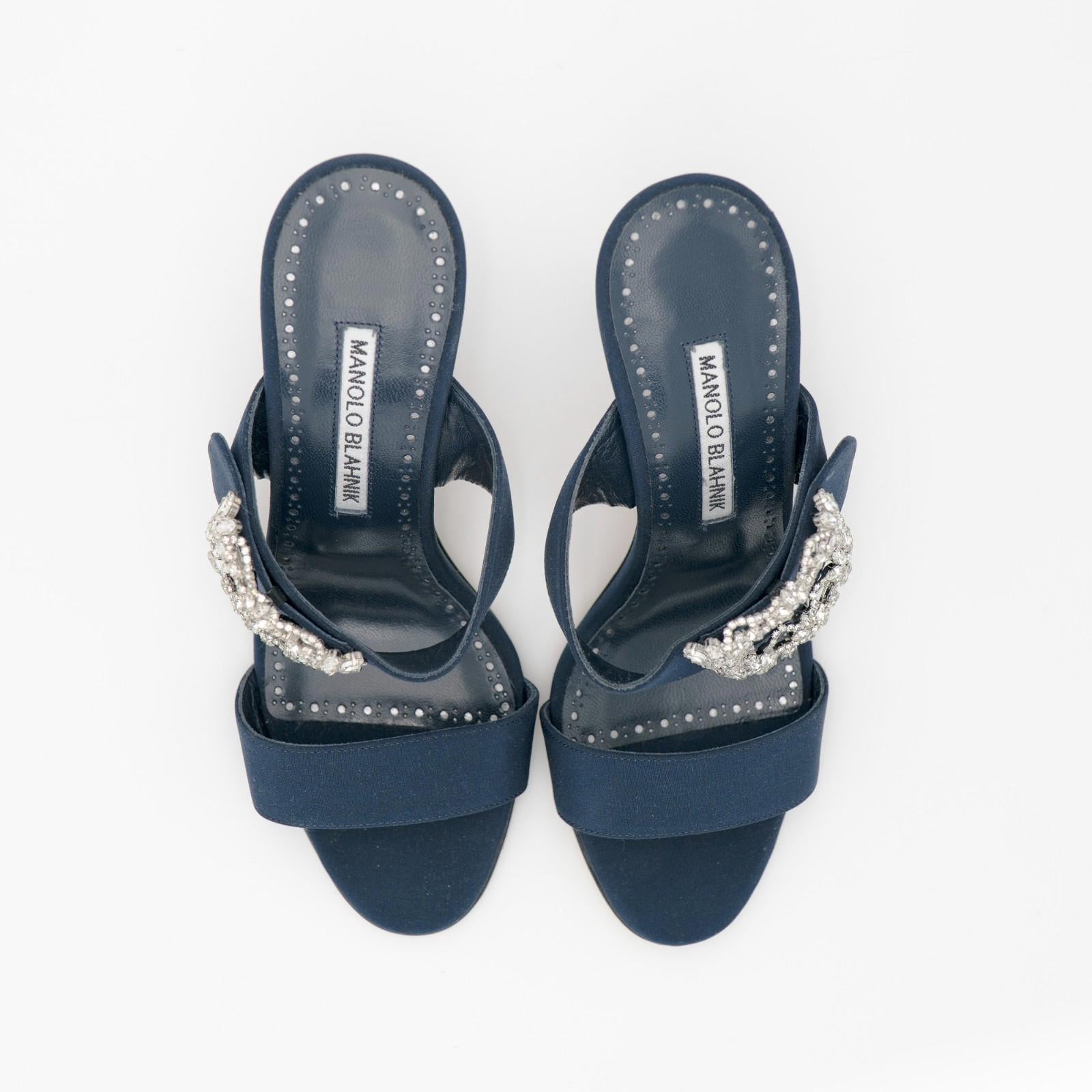 Manolo Blahnik Navy Gable 90 Jewel Buckle Mules Size 36