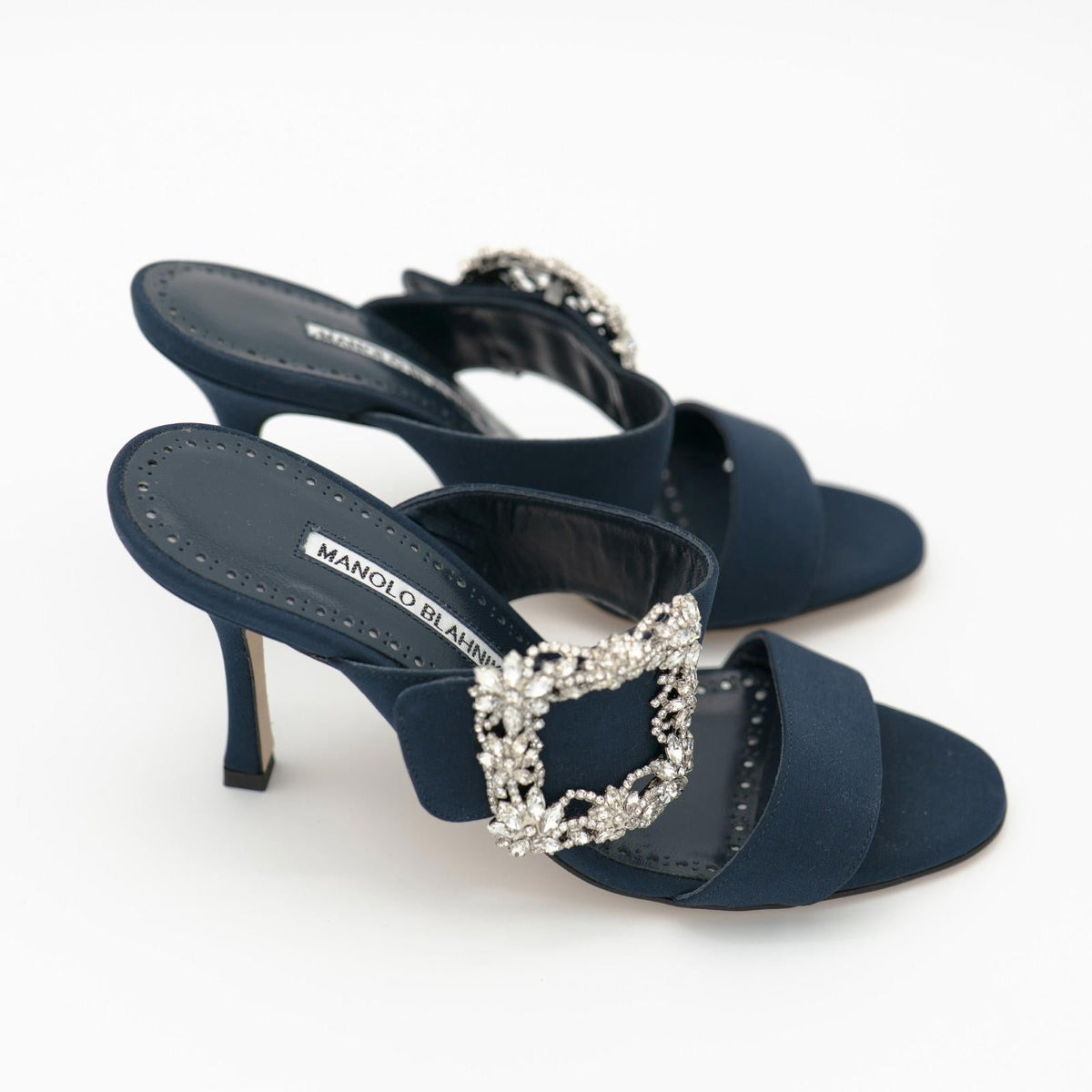 Manolo Blahnik Navy Gable 90 Jewel Buckle Mules Size 36