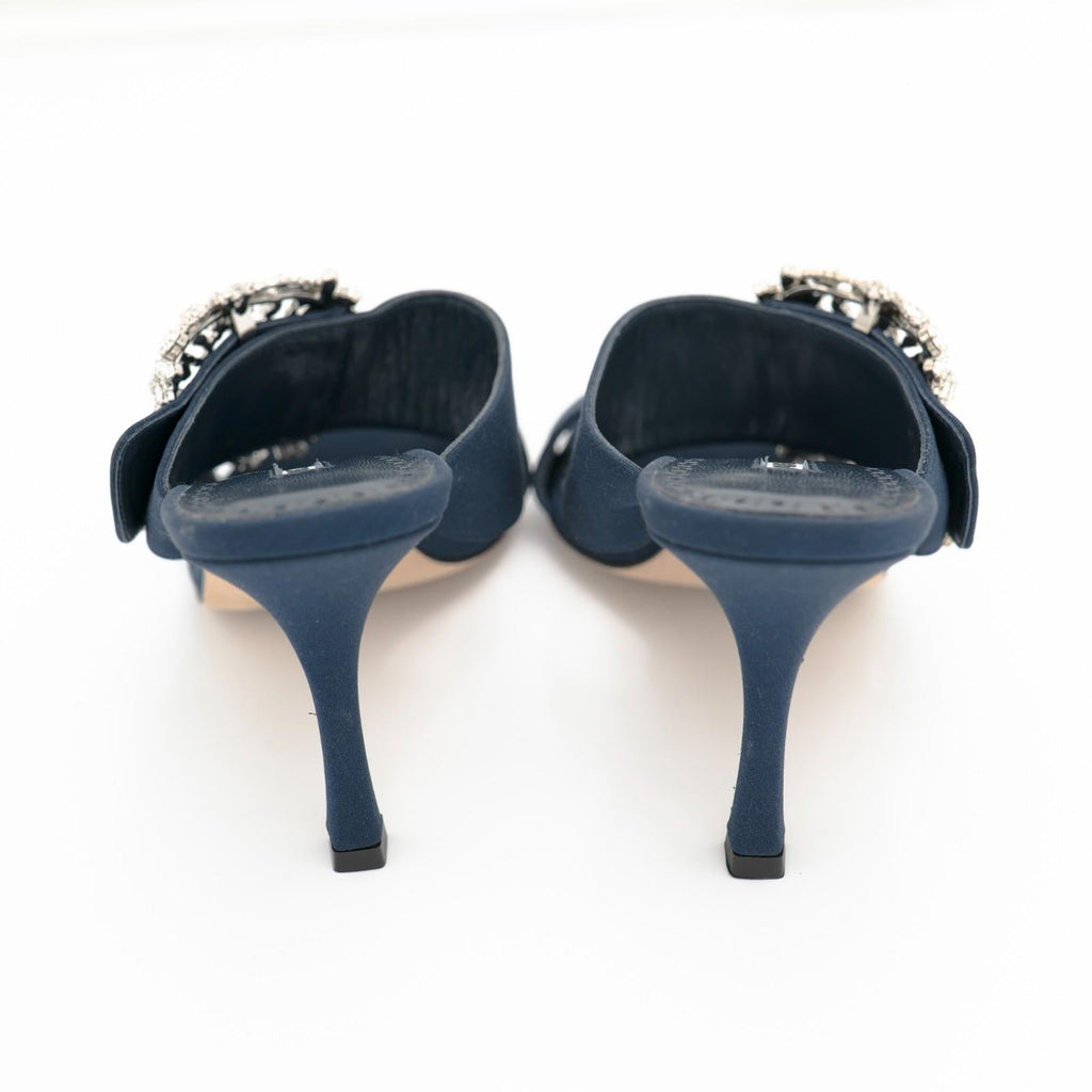 Manolo Blahnik Navy Gable 90 Jewel Buckle Mules Size 36