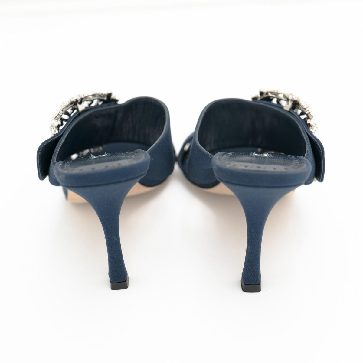 Manolo Blahnik Navy Gable 90 Jewel Buckle Mules Size 36