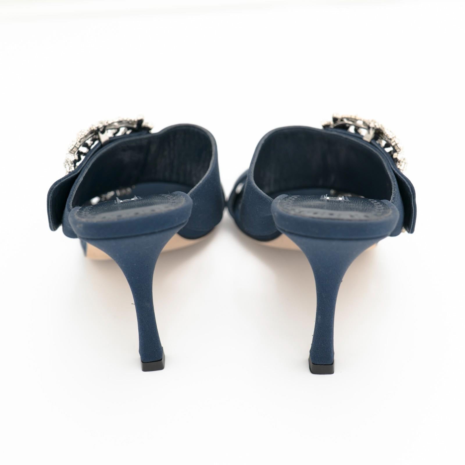 Manolo Blahnik Navy Gable 90 Jewel Buckle Mules Size 36