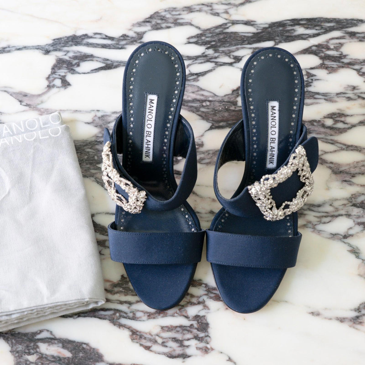 Manolo Blahnik Navy Gable 90 Jewel Buckle Mules Size 36