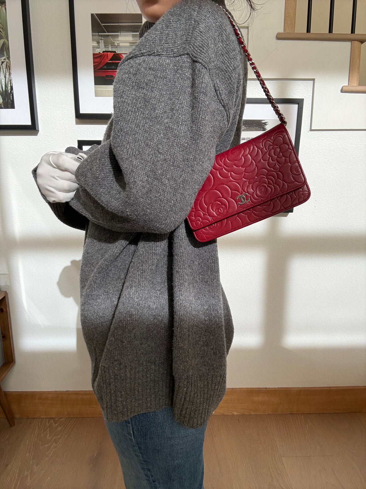 CHANEL Dark Red Camellia Embossed WOC Lambskin SHW A47421