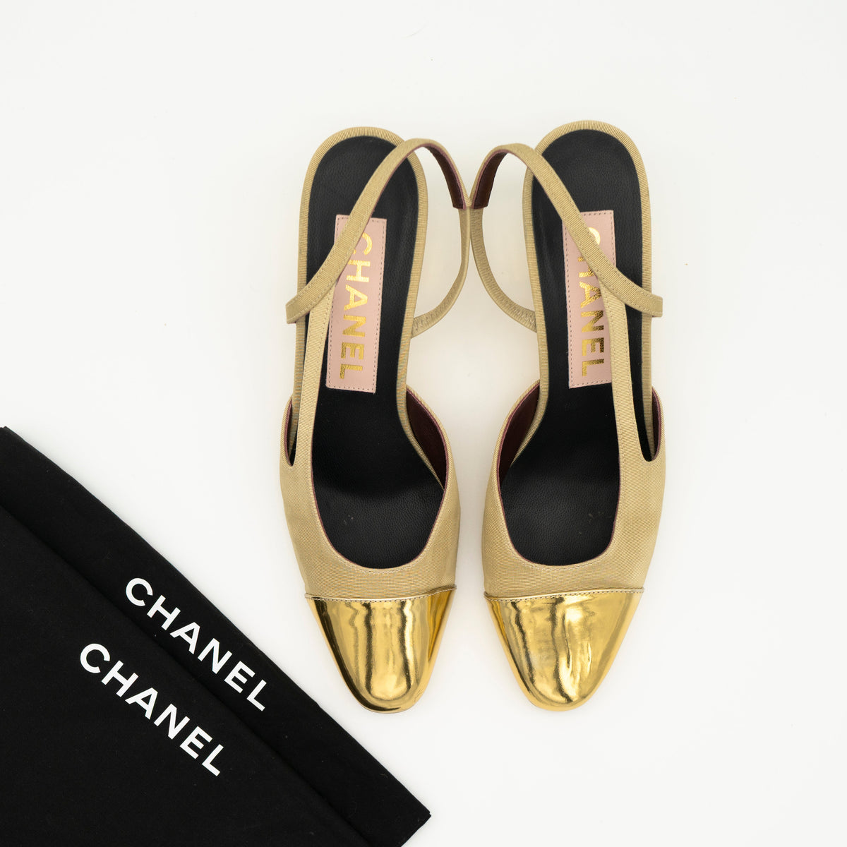 CHANEL Limited Edition Runway Linen and Gold Slingback Pumps EU 36
