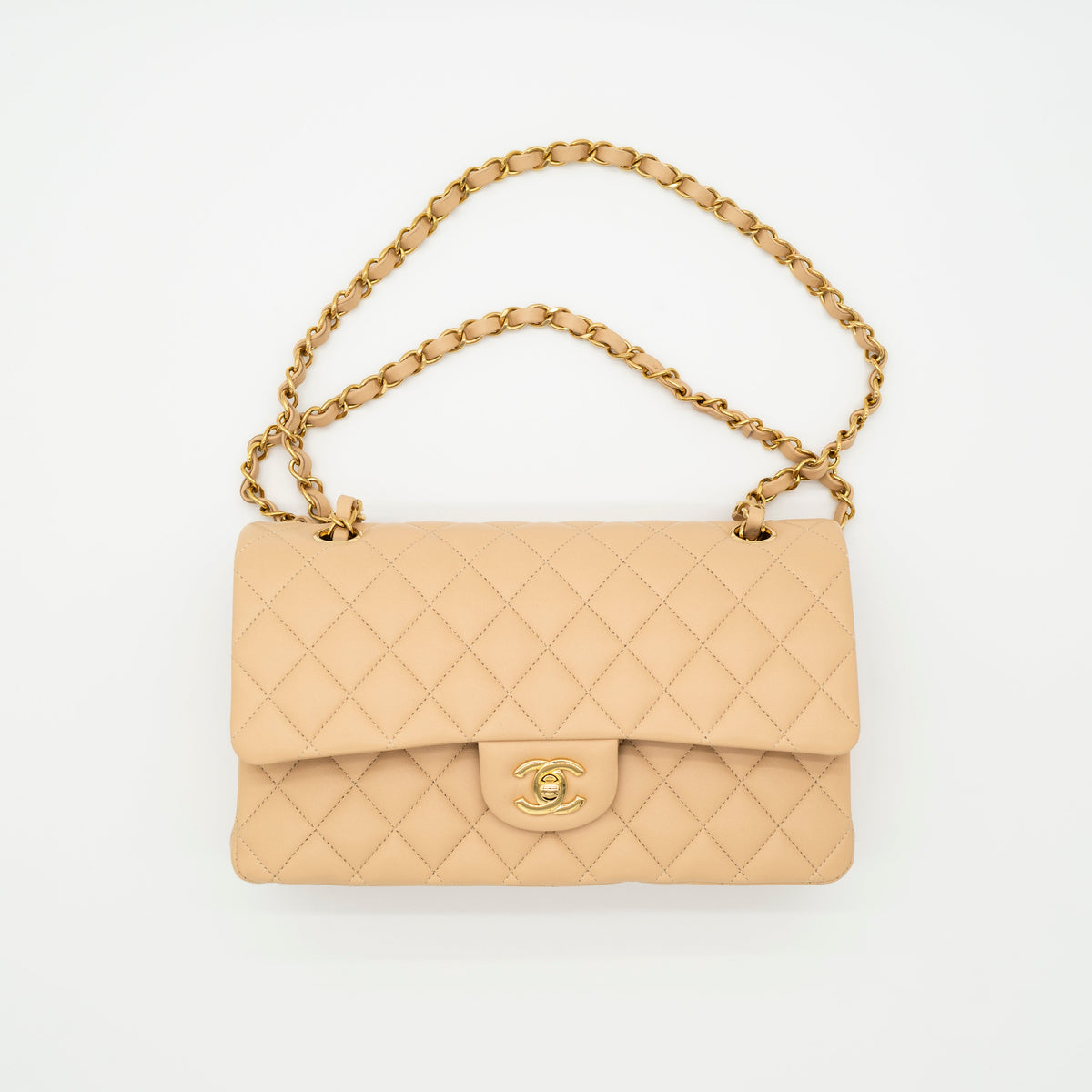 NEW CHANEL Medium Classic Flap Beige Clair Lambskin Quilted Gold Hardware Full Set