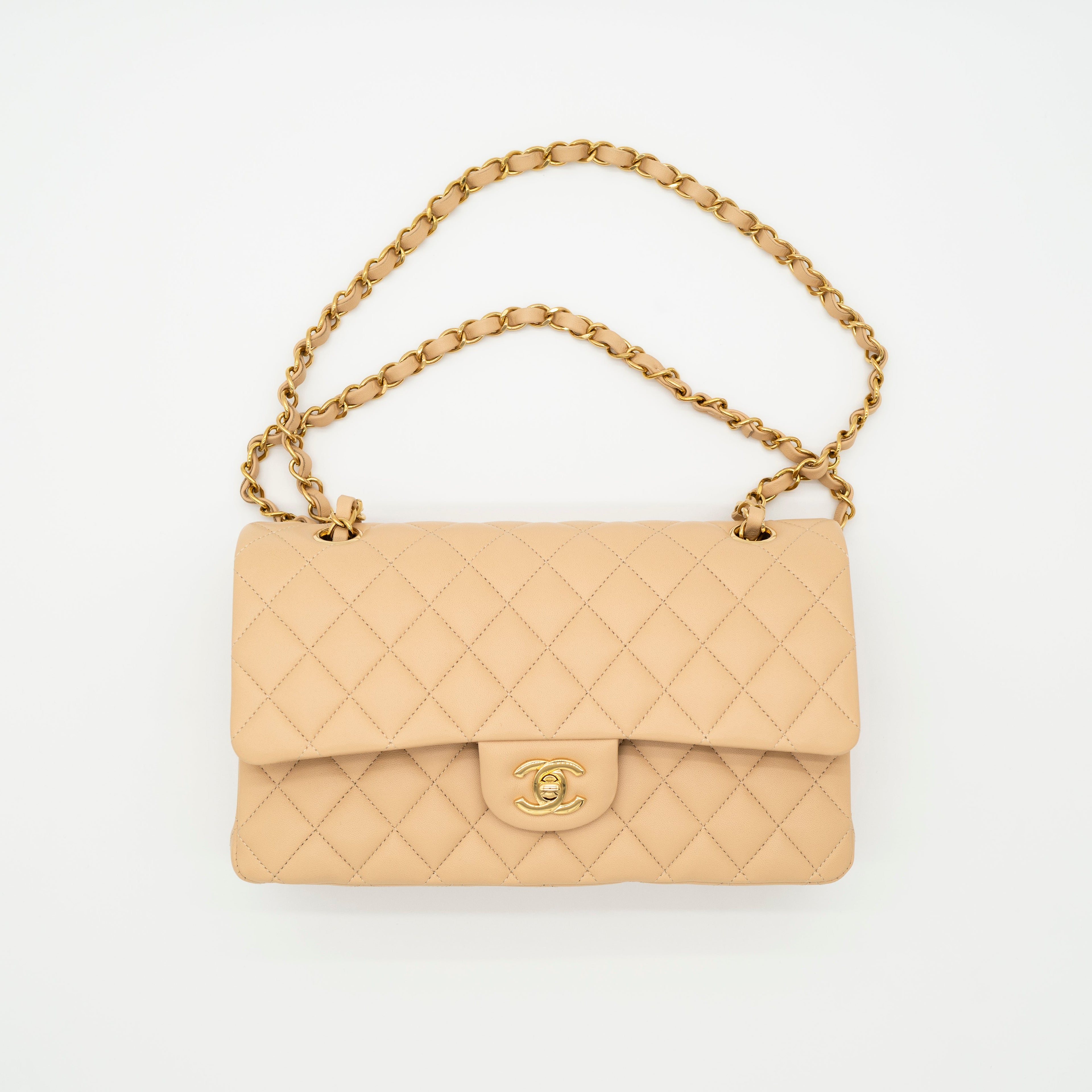 NEW CHANEL Medium Classic Flap Beige Clair Lambskin Quilted Gold Hardware Full Set