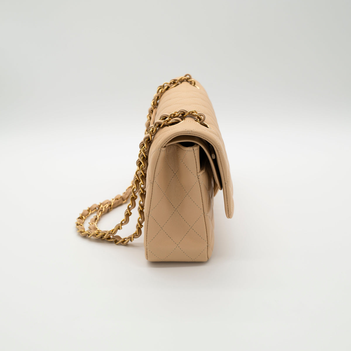 NEW CHANEL Medium Classic Flap Beige Clair Lambskin Quilted Gold Hardware Full Set