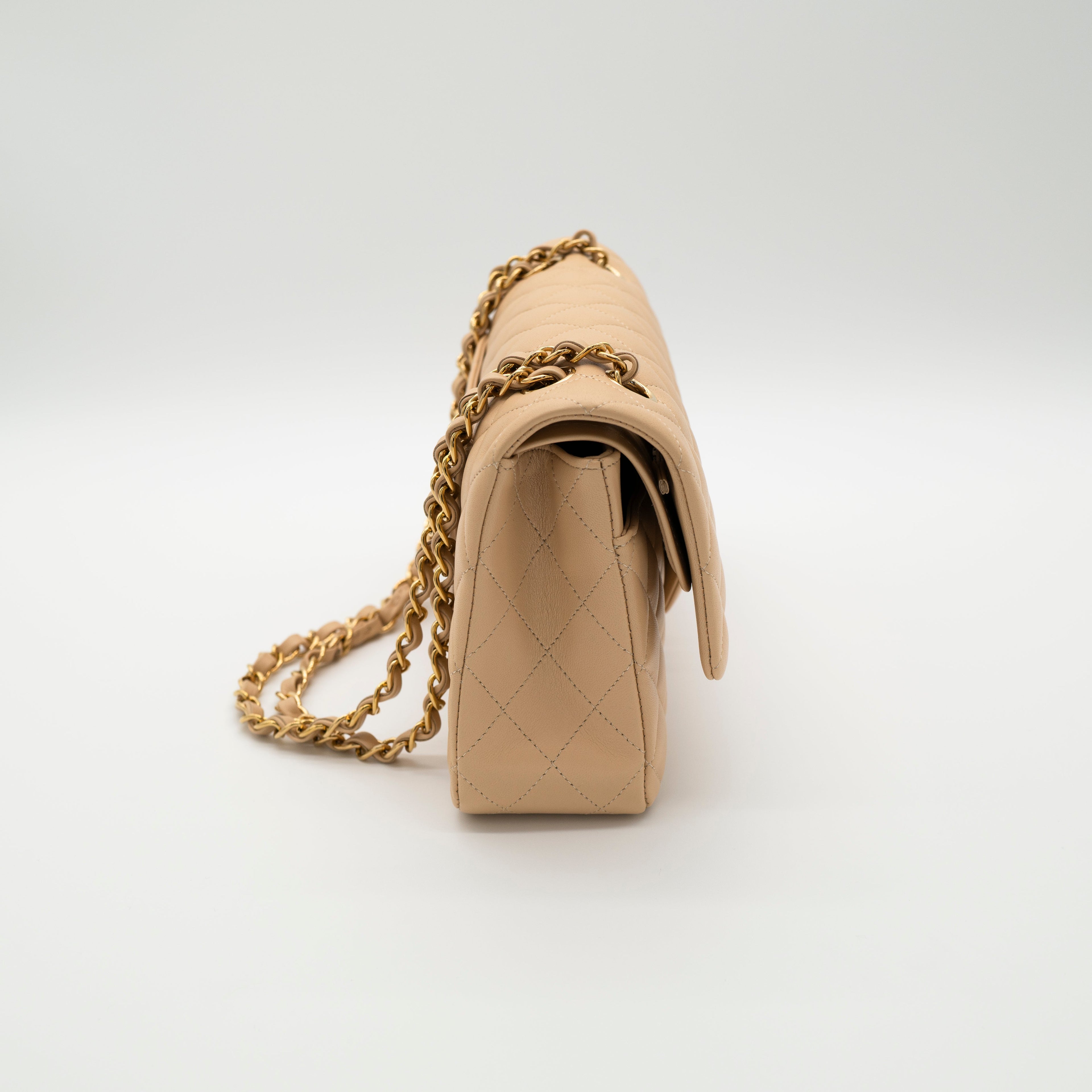 NEW CHANEL Medium Classic Flap Beige Clair Lambskin Quilted Gold Hardware Full Set