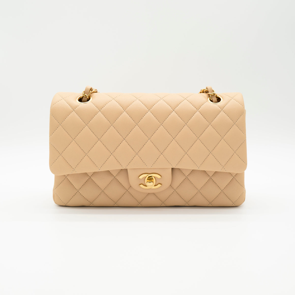 NEW CHANEL Medium Classic Flap Beige Clair Lambskin Quilted Gold Hardware Full Set