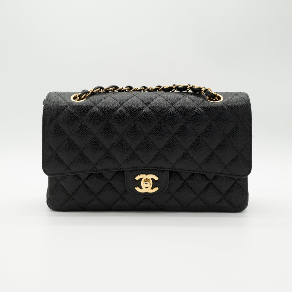CHANEL Medium Classic Flap Black Caviar Gold Hardware Full Set