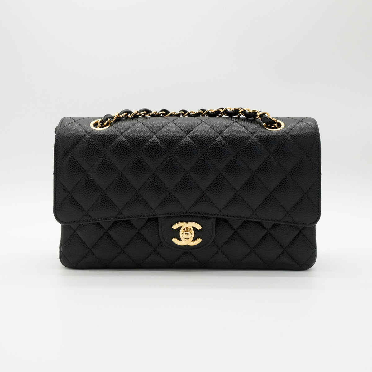 CHANEL Medium Classic Flap Black Caviar Gold Hardware Full Set
