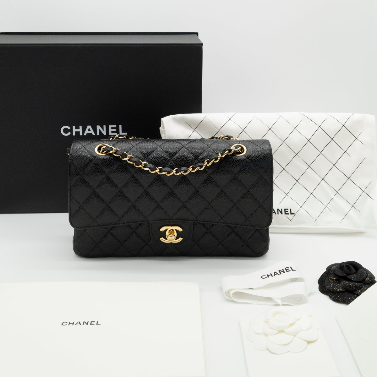 CHANEL Medium Classic Flap Black Caviar Gold Hardware Full Set
