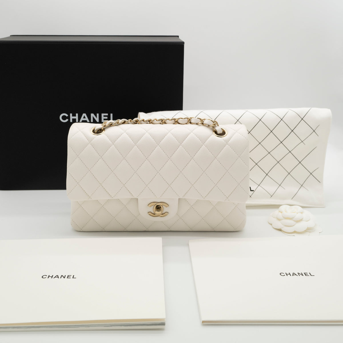 NEW CHANEL Medium Classic Flap White Caviar Quilted Light Gold Hardware Full Set