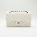 NEW CHANEL Medium Classic Flap White Caviar Quilted Light Gold Hardware Full Set