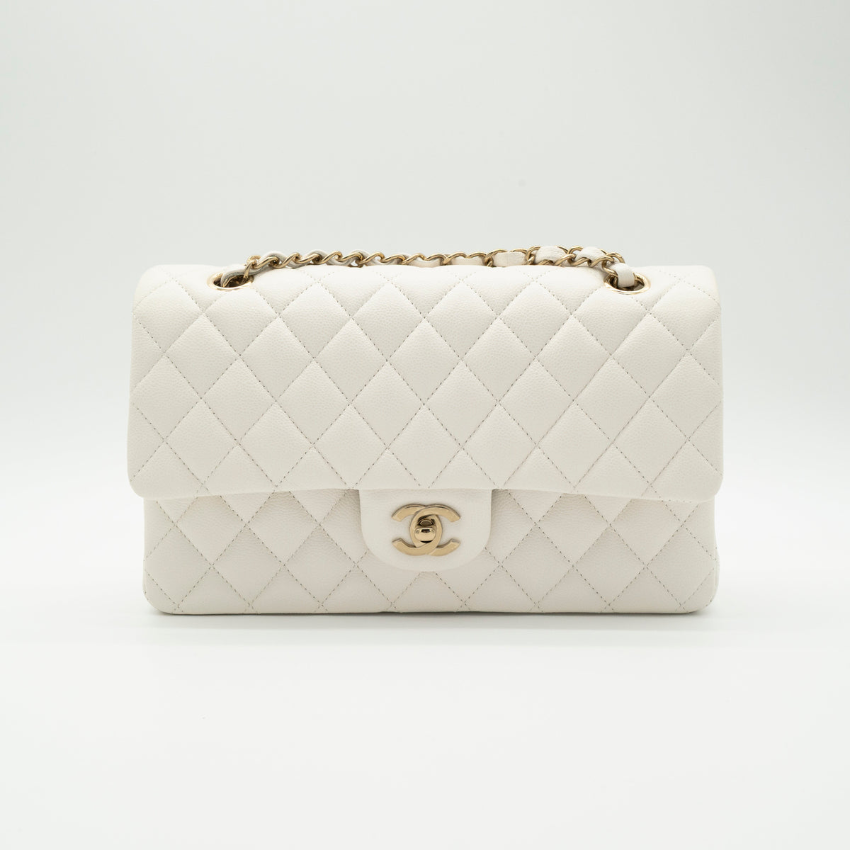 NEW CHANEL Medium Classic Flap White Caviar Quilted Light Gold Hardware Full Set