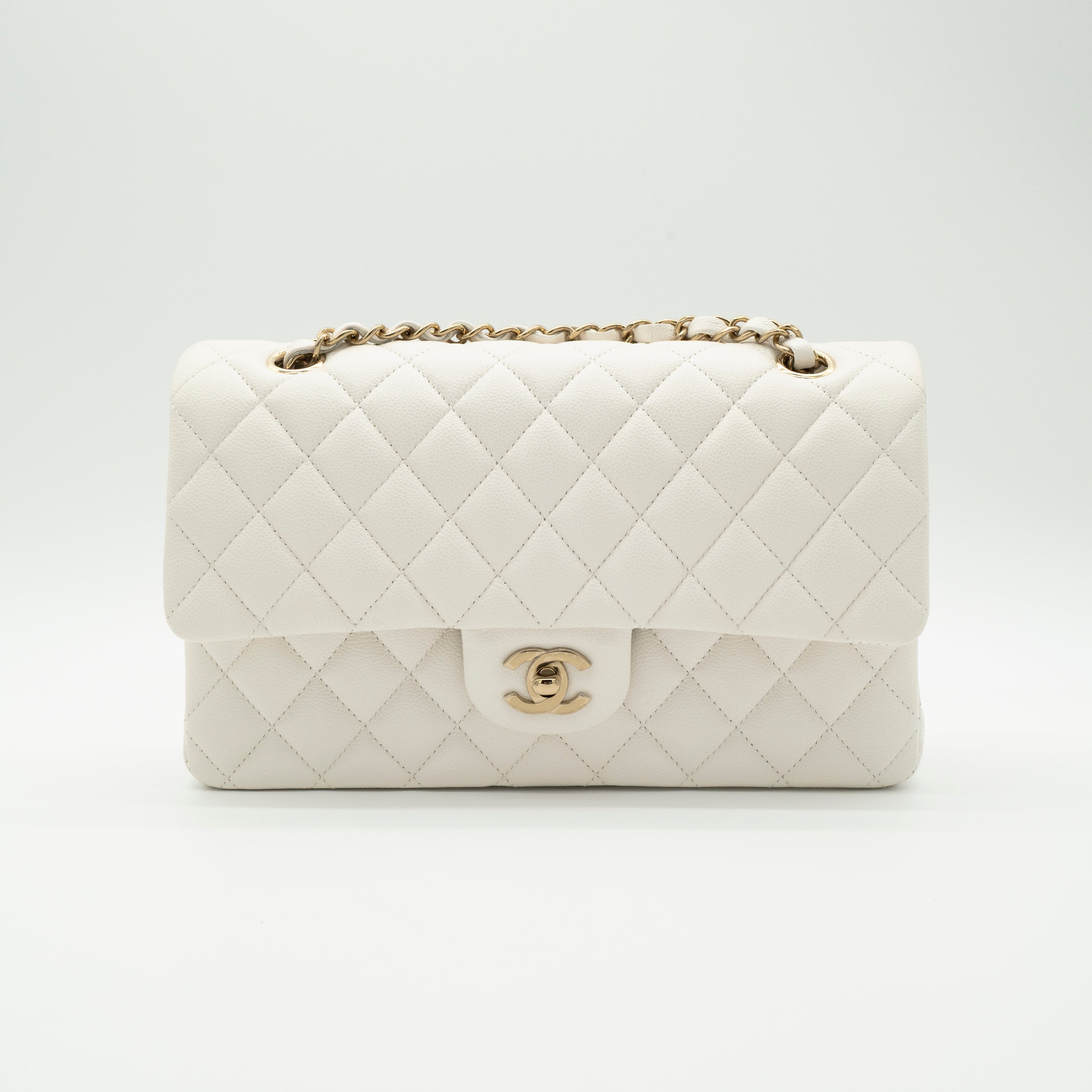 NEW CHANEL Medium Classic Flap White Caviar Quilted Light Gold Hardware Full Set
