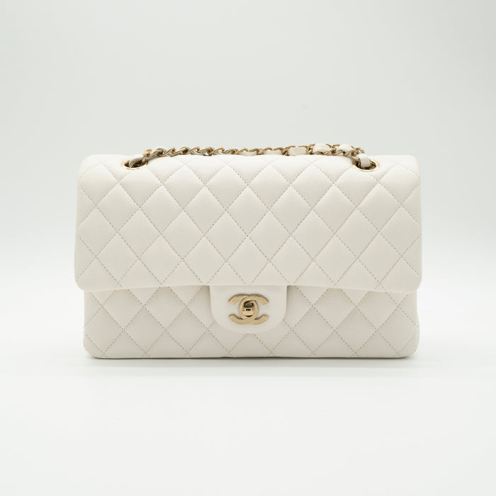 NEW CHANEL Medium Classic Flap White Caviar Quilted Light Gold Hardware Full Set