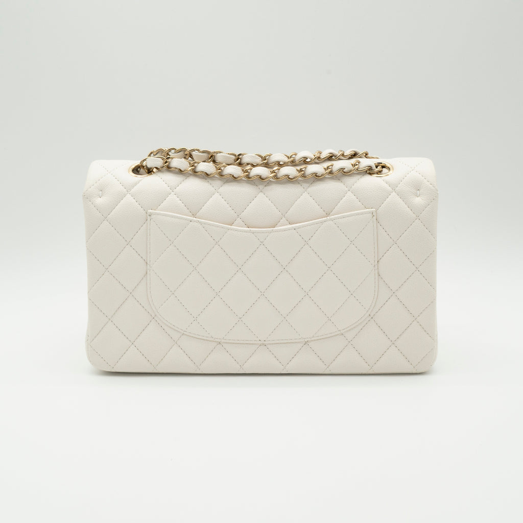 NEW CHANEL Medium Classic Flap White Caviar Quilted Light Gold Hardware Full Set