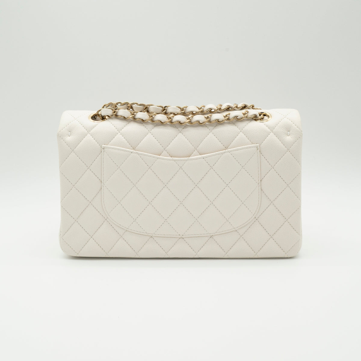 NEW CHANEL Medium Classic Flap White Caviar Quilted Light Gold Hardware Full Set