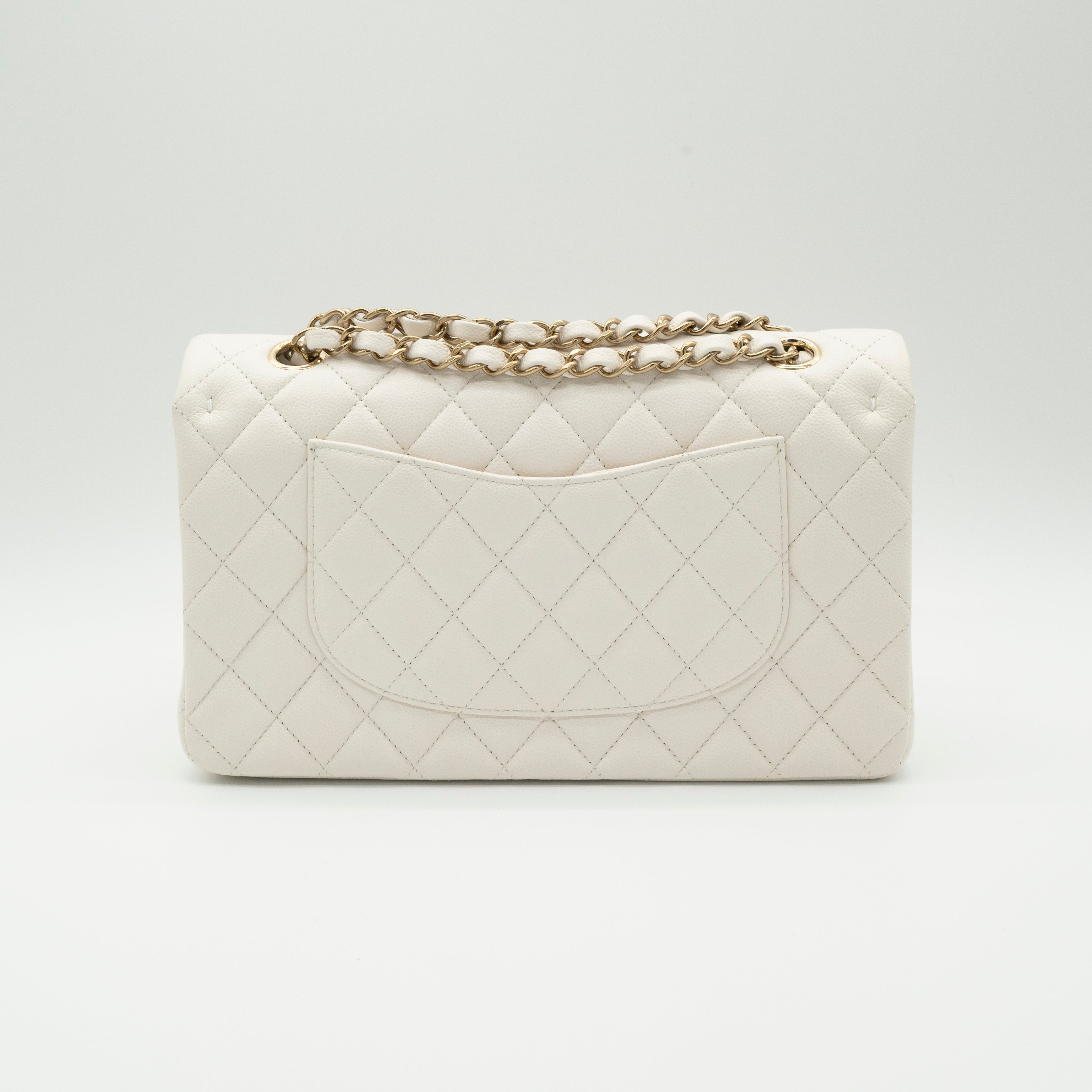 NEW CHANEL Medium Classic Flap White Caviar Quilted Light Gold Hardware Full Set