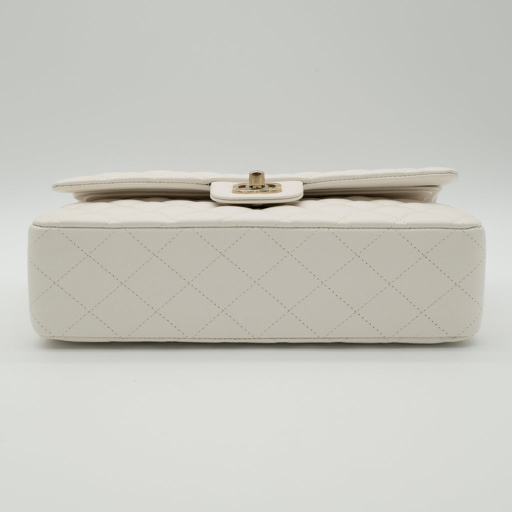 NEW CHANEL Medium Classic Flap White Caviar Quilted Light Gold Hardware Full Set