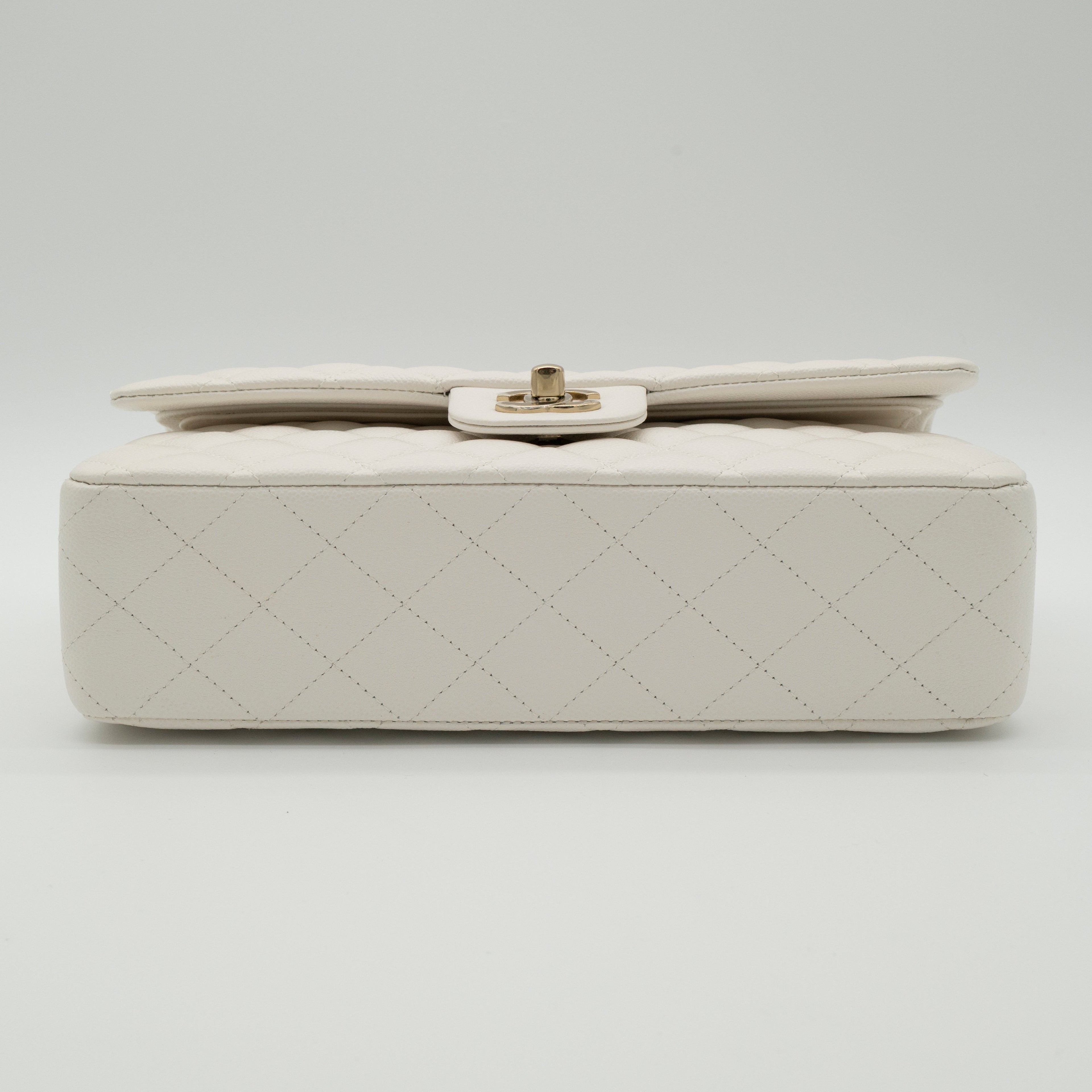 NEW CHANEL Medium Classic Flap White Caviar Quilted Light Gold Hardware Full Set