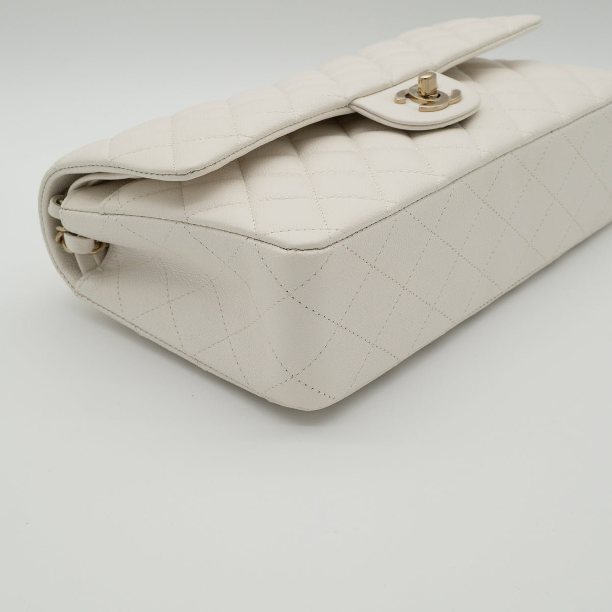 NEW CHANEL Medium Classic Flap White Caviar Quilted Light Gold Hardware Full Set