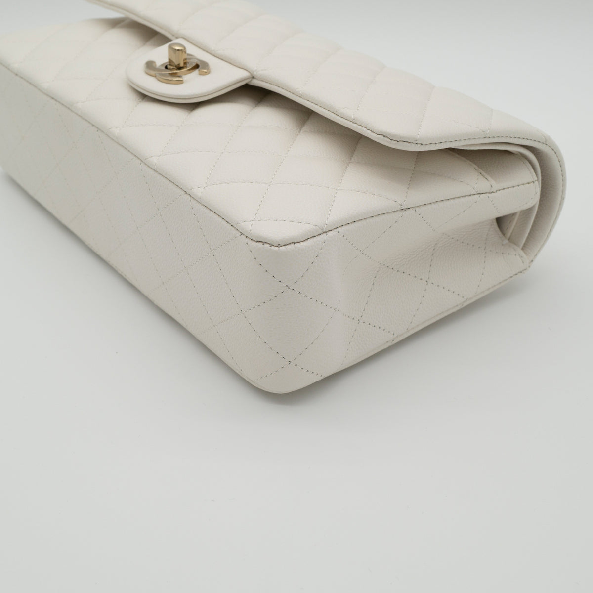 NEW CHANEL Medium Classic Flap White Caviar Quilted Light Gold Hardware Full Set